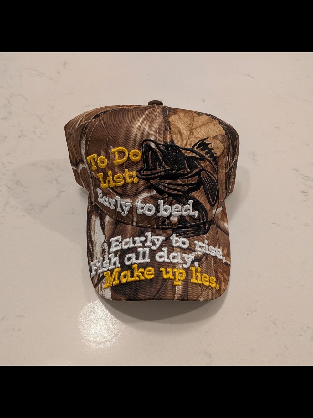 Camo Fishing Hat with Embroidered Fish and Yellow Text